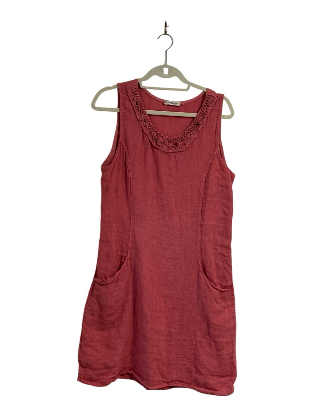 Linen Shift Dress Made in Italy 100% Size Large Scoop Neck Casual Summer Pocket.